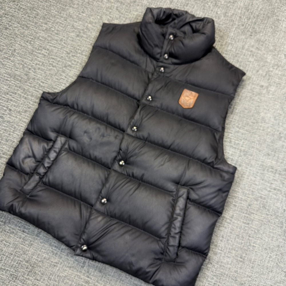 Polo Ralph Lauren Puffer Vest Mens M Black Down Filled Leather Logo Patch Vtg